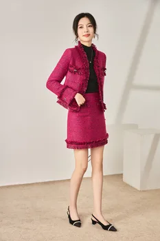 2023 סתיו/חורף אופנה חדשה לנשים בגדי צמר טוויד ציצית בכיס המעיל קו - חליפת חצאית 0912
