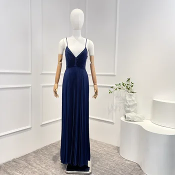 2023 קיץ נשים אופנה באיכות גבוהה ירוק כחול אלגנטי החוף סגנון ספגטי רצועה V-אמצע שוק השמלה