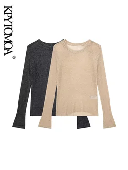 KPYTOMOA נשים אופנה לפתוח לסרוג סוודר וינטג ' או ' צוואר השרוול הארוך נקבה Pullovers שיק לכל היותר