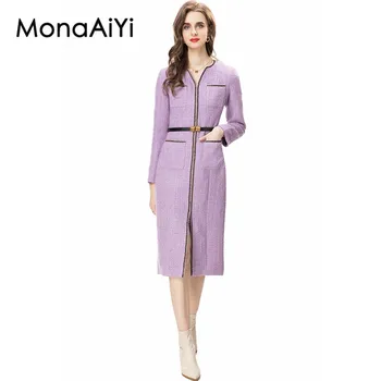 MonaAiYi המסלול מעצב אופנה סתיו מעיל נשים שרוול ארוך עם חגורה כיס קדמי משרד ליידי ויולט צמר מעיל