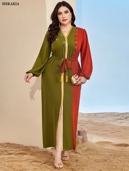 Siskakia אופנה ניגוד צבעי המוסלמים סתיו שמלה אופנתי ריינסטון פנס השרוול V-צוואר לבנות ויפות אלגנטי מרוקאי גלימה