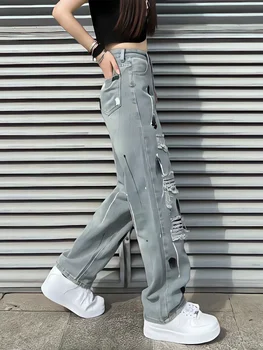 Y2k בגדי נשים מכנסיים Splatted דיו קרוע לשטוף את הג ' ינס גרפיטי חור אופנה חופשי ישר רחב הרגל מכנסיים ה-90 בגדים קלאסיים
