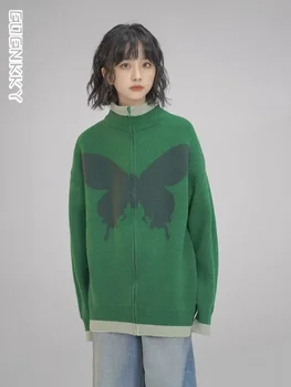 Y2k ירוק קרדיגן סרוג נשים פרפר גותי וינטג ' מפר אופנה קוריאנית מנופחים כוכב סריגים אסתטי Harajuku סוודר