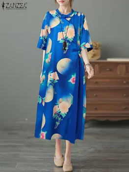 ZANZEA 2023 קיץ קשר גלימות בוהמי פרחוני הדפסה שמלה בסגנון סיני Cheongsam שמלת וינטג ' נשים חצי שרוול Midi Vestidos