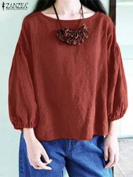 ZANZEA אופנה רחוב החולצה מקרית מוצק צבע Chemise אישה פאף שרוול O-צוואר חולצות המפלגה אלגנטי צמרות טוניקה מנופחים 2023