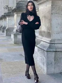 אלגנטי חלול החוצה סלים שמלה ארוכה נשים אופנה שחורה שרוול ארוך צווארון שמלות 2023 סתיו רחוב ליידי הלבשה עליונה Vestidos