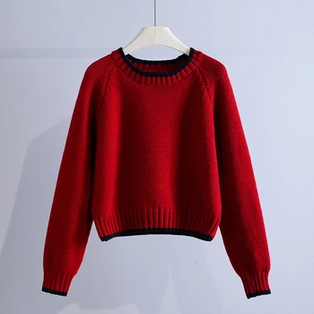 בציר אדום קצר סרוג נשים סוודר Pullovers סתיו O-צוואר עם שרוולים ארוכים Empired הנשי מושך מעילים להאריך ימים יותר לכל היותר