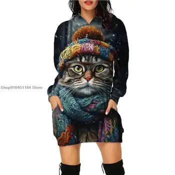 הסתיו והחורף אופנה 3D חתול הדפס שרוול ארוך קפוצ 'ון שמלת וינטג' של נשים מזדמנים החולצה אופנה חופשי אמצע אורך העליון