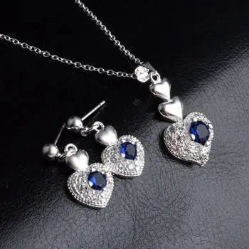 חמוד טהור 925 כסף תכשיטים לחתונה רומנטית זירקון כחול קריסטל לב שרשרת תליון עגילים אופנה להגדיר