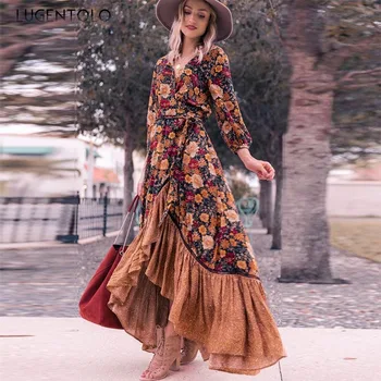 נשים וינטאג ' פרחוניות שמלת V-צוואר הקיץ יומיומי שרוול ארוך להדפיס את התנופה הגדולה ליידי אלגנטית סוודר חדש בגדי אופנה