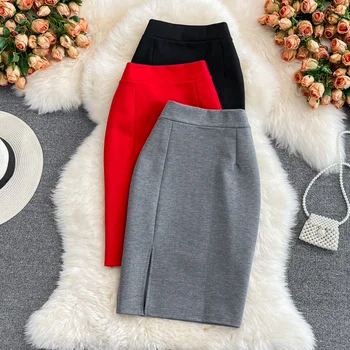 נשים חצאית מוצק גבוהה המותניים עבודה חצאית עיפרון 2023 חדש אופנה נשים Slim Fit פיצול המשרד OL חצאית אפור אדום שחור חצאיות