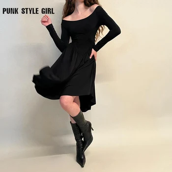 נשים שחור מסלול השמלה כתף Slim Fit שרוול ארוך אלגנטי סדיר מזדמן שמלות גבוהה המותניים ערב מסיבת Vestidos