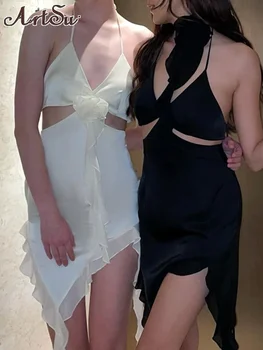 סקסי ללא משענת שמלת נשים הקולר חלול מסיבת שמלות אופנה אופנת רחוב חדש באביב קיץ לבן Vestidos Y2k בגדים