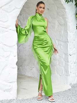 סקסי צווארון שרוול אחד קפלים שמלה ארוכה נשים ירוק ללא משענת פיצול סלים שמלה אלגנטית מסיבת ערב המסלול שמלות