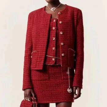 סתיו 2023 אופנה בהיר צמר כותנה משי אדום טוויד מעיל נשים שרשרת זהב אבזם צדדי צמר מעיל סרוג ' קט