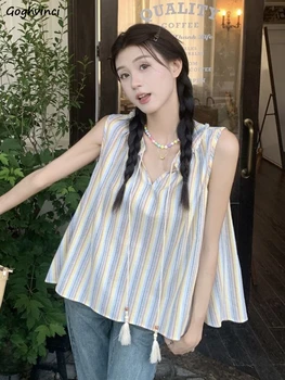 פסים חולצות נשים ללא שרוולים מתוק חופשי מזדמנים שרוכים עיצוב בסגנון קוריאני נקבה קיץ אופנה חדשה גיל-הפחתת כל-התאמה